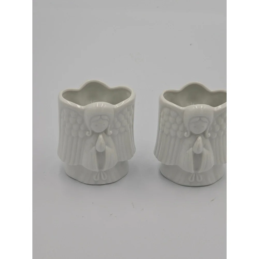 Vintage Neiman Marcus White Porcelain Praying Angel Vases Candle Holders Pair